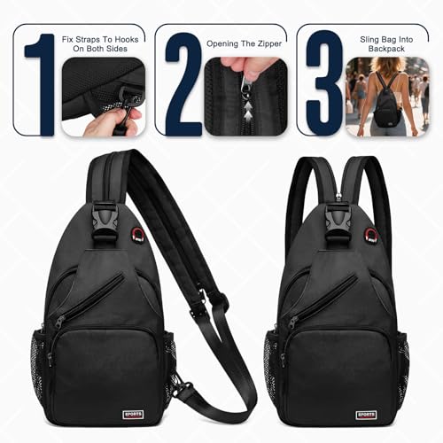 Convertible Sling Bag with Coin Pocket, 11" Tablet Crossbody Mini Backpack with Headphone Jack Casual Pack for Women Men Travel, Black - color: Black, size: Large