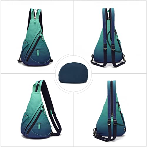 KL928 Canvas Sling Bag - Small Crossbody Backpack Shoulder Casual Daypack Rucksack for Men Women(Large Version,Blue+GrayishGreen) - color: Canvas-blue+grayishgreen