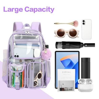 Clear Backpacks for Girls Women, Heavy Duty PVC Transparent School Bookbag See Through Back Pack for College Work Travel (Light Purple) - color: Light Purple