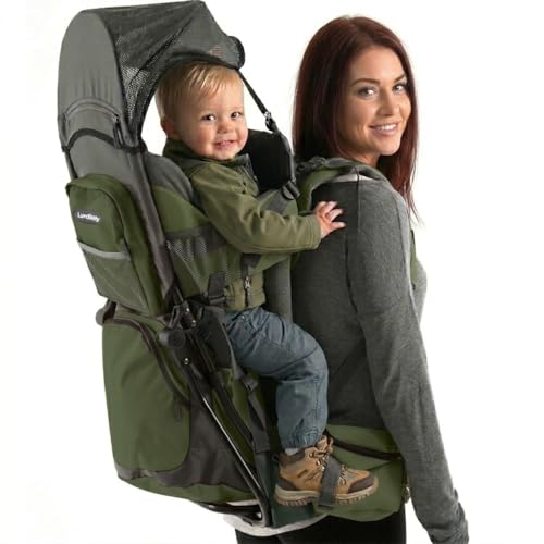 Hiking Baby Carrier Backpack - Comfortable Toddler/Baby Backpack Carrier System with Diaper Change Pad, Insulated Pocket + Rain and Sun Hood to Protect Your Child - color: ArmyGreen/Grey