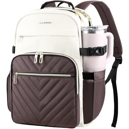 VANKEAN Laptop Backpack for Women with Giant Tumbler Holder Pocket,17.3 inch School College Book Bag Nurse Teacher Backpack,Waterproof Work Travel Backpack Purse Laptop Computer Bag, Beige-Coffee - color: Beige-coffee, size: 17.3 Inch