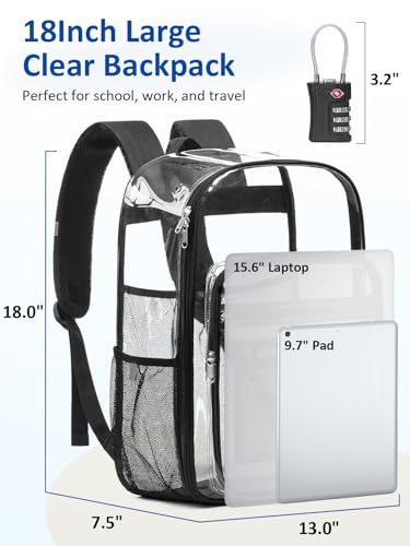 Extra Large Clear Backpack with TSA Lock, Heavy Duty Transparent See Through Clear Bookbag for College, Work, Travel, Casual Sport, Black - color: Black