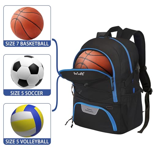 WOLT Basketball Backpack Large Sports Bag with Separate Ball Holder & Shoes Compartment, Best for Basketball, Soccer,Gym - color: Zipper Blue