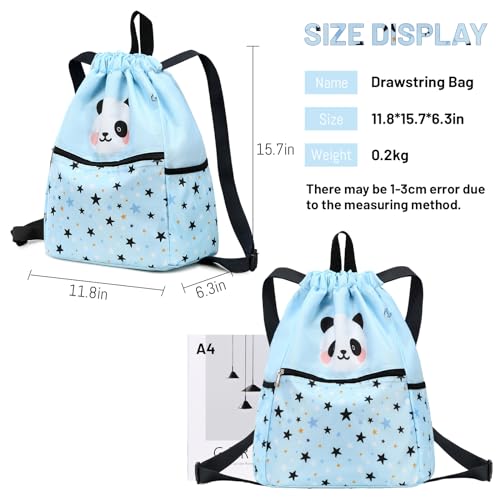 Drawstring Backpack for Kids - Panda Bags for Girls Mini Gym Dance Beach Swim Travel Bag With Two Water Bottle Holder Light Blue - color: Panda Light Blue