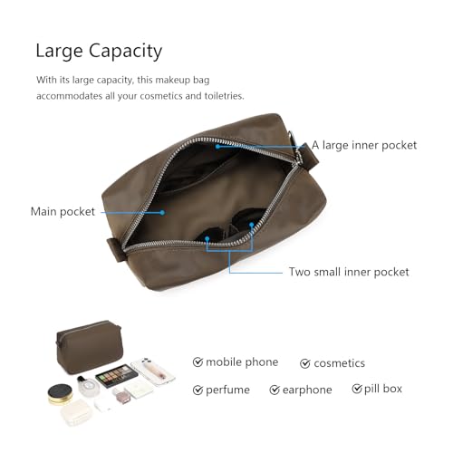 Organizer Bag Lightweight Cosmetic Bag with Ring Clasp Perfect Travel Makeup Bag for Women nylon Stand Up Design (Brown/Nylon) - color: Brown/Nylon