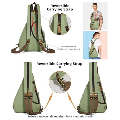 KL928 Canvas Sling Bag - Small Crossbody Backpack Shoulder Casual Daypack Rucksack for Men Women(MatchaGreen) - color: Canvas-matchagreen