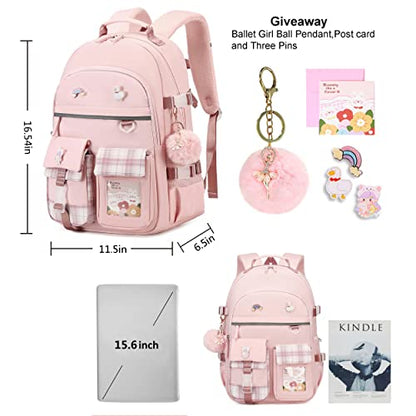 Backpack for Girls, 15.6 Inch Laptop School Bag Kids Kindergarten Elementary College Backpacks Large Bookbags for Teen Girl Women Students Casual Travel Daypacks (Pink) - color: Pink