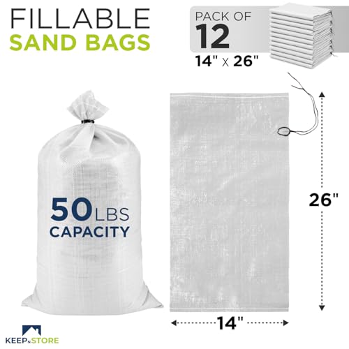 Heavy Duty Sand Bags Pack of 12, White Empty Sandbags with Built-In Ties, Woven Polypropylene UV Protection 1600 Hours, Fillable Bags for Flood Control, Weight, 14x26 inches, 50 Pounds Volume - size: 14"W x 26"L, style: Pack of 12