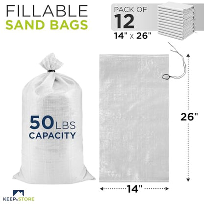 Heavy Duty Sand Bags Pack of 12, White Empty Sandbags with Built-In Ties, Woven Polypropylene UV Protection 1600 Hours, Fillable Bags for Flood Control, Weight, 14x26 inches, 50 Pounds Volume - size: 14"W x 26"L, style: Pack of 12