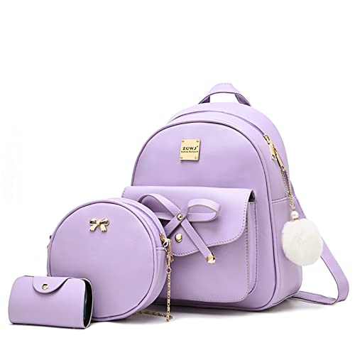 ZGWJ Mini Backpack Purse for Women - 3-Piece Set, Small PU Leather Bowknot Fashion Backpacks, Cute Casual Travel Daypacks - color: Purple-3pcs