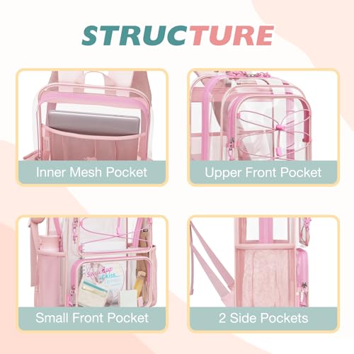 mommore Clear Backpack Heavy Duty Transparent Backpack Large See Through Bookbag for School - color: Pink