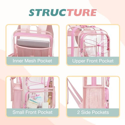 mommore Clear Backpack Heavy Duty Transparent Backpack Large See Through Bookbag for School - color: Pink