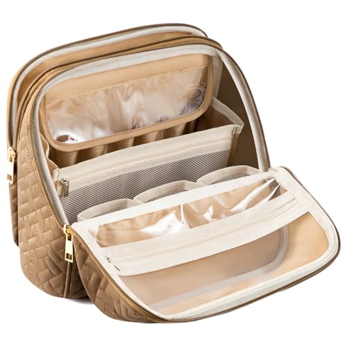 Makeup Bag, Large Capacity with Room for Brushes and Mirror, Travel Makeup Organizer, Portable Standing Make Up Case, Waterproof Cosmetic Toiletry Bags with Handle, Color Brown - color: Brown