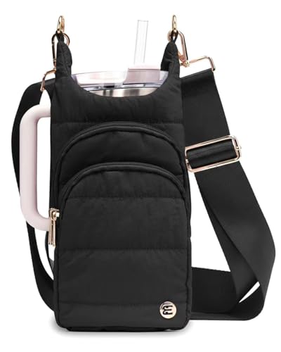 Water Bottle Holder with Strap for 30/32 oz, Crossbody Water Bottle Carrier Bag with RFID Blocking Phone Pocket - color: Black