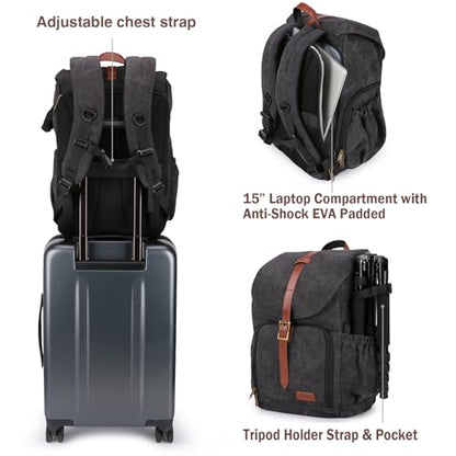 BAGSMART Camera Backpack, DSLR SLR Waterproof Camera Bag, Anti-Theft Photography Backpack with 15 Inch Laptop Compartment, Tripod Holder & Rain Cover, Black - color: B-black[single Buckle]