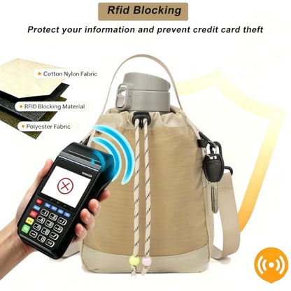 Water Bottle Carrier Bag with Strap, Water Bottle Holder Crossbody Backpack Handbags for Women Men for Hiking,Cycling - color: Khaki