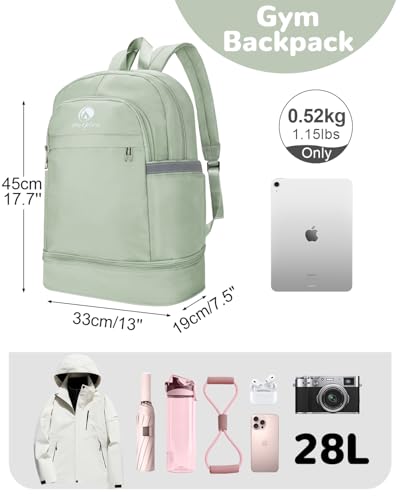 28L Small Gym Backpack with Shoe Compartment for Men Women, Waterproof Sports Backpack with Wet Pocket, Green - color: Green