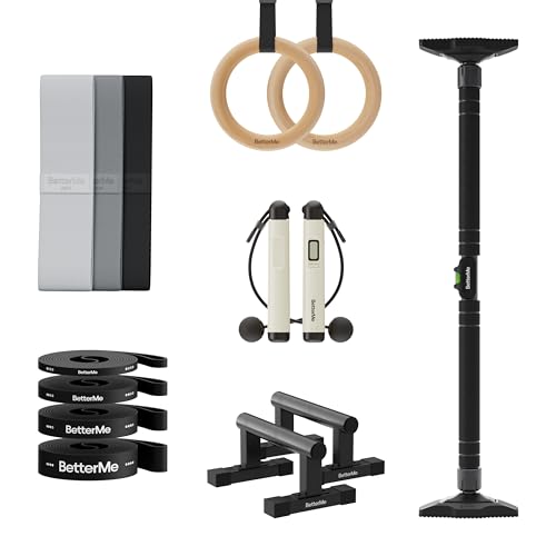 BetterMe Calisthenics Home Studio Kit - Home Gym Calisthenics Equipment Kit with Parallettes Resistance Bands Gymnastics Rings Door Pull Up Bar and Jump Rope - At Home Calisthenics Equipment