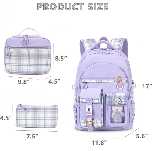 Girls Backpack with Lunch Box Cute School Backpack for Girls Kids Teens Kawaii Bookbag Set for Primary Elementary，Purple - color: Purple