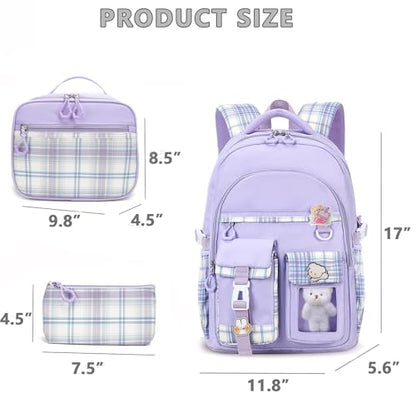 Girls Backpack with Lunch Box Cute School Backpack for Girls Kids Teens Kawaii Bookbag Set for Primary Elementary，Purple - color: Purple