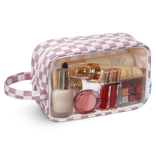 Narwey Clear Toiletry Bags for Traveling Women Men, Clear Travel Bags for Toiletries Makeup Bag Cosmetic Bag with Zipper, Make Up Organizer, Skincare Bag (Dusty Pink Checkerboard) - color: Y-Dusty Rose Checkerboard