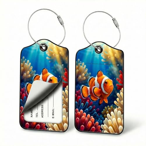 Clownfish Luggage Tags for Suitcases, 2 Pack PU Leather Ocean Bag ID Tags | Privacy flap hides address card, steel wire loop fits snorkel pouches, beach totes, swim bags, cruise cabins, and reef trips - color: Clownfish Design
