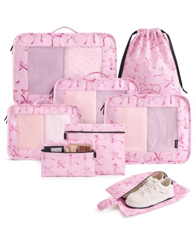 LIGHT FLIGHT 8 Set Packing Cubes for Travel, Durable Travel Essentials for Cruish Ship, Suitcase Organizer Packing Bags (8-Pack 1L+2M+1S+1Shoe bag+2Toiletry Bags+1Laundry Bag) - color: Girly Pink Bows