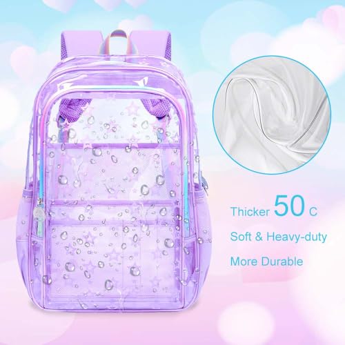 gxtvo 3PCS Clear School Backpack Heavy-Duty Set for Women & Teen Girls, 17" Purple See Through Bookbag with Rainbow Strap, Cute Star Transparent Bag - color: Purple Star Rainbow Clear Backpack Set