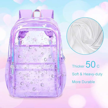 gxtvo 3PCS Clear School Backpack Heavy-Duty Set for Women & Teen Girls, 17" Purple See Through Bookbag with Rainbow Strap, Cute Star Transparent Bag - color: Purple Star Rainbow Clear Backpack Set