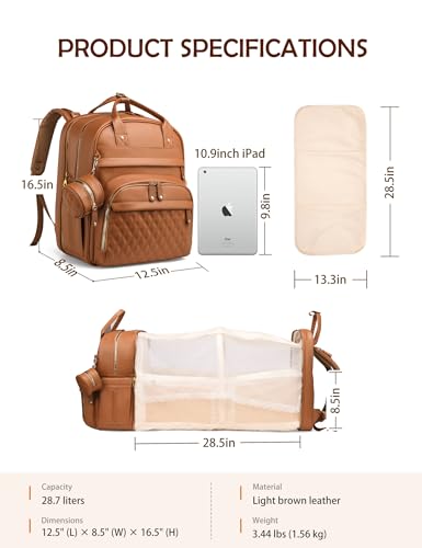 Diaper Bag Backpack with Changing Station, Waterproof for Travel, Vegan Leather, Brown - color: Brown