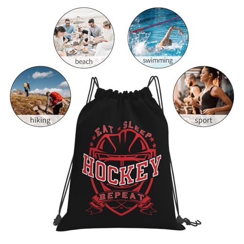 Eat Sleep Hockey Repeat Unisex Drawstring Backpack Bag Sport Gym Travel Swim Sackpack - color: Eat Sleep Hockey Repeat