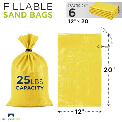 Heavy Duty Sand Bags Pack of 6, Bright Yellow Empty Sandbags with Built-In Ties, Woven Polypropylene UV Protection 1600 Hours, Fillable Bags for Flood Control, Weight, 12x20 inches, 25 Pounds Volume - size: 12"W x 20"L, style: Pack of 6
