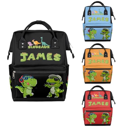 Personalized Dinosaur-Diaper-Backpack Custom-Diaper-Bag with-Name for Mom Dad Waterproof Baby Boy Nappy-Bag Black Mommy-Backpack - color: Black
