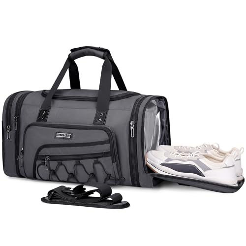 WITZMAN Mens Duffle Bag Expandable 45L Travel Gym with Shoe Compartment - color: Silvery Grey