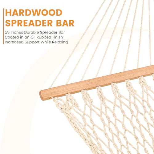 Lazy Daze Hammocks Double Rope Hammock, 2 Person Traditional Outdoor Hand Woven Cotton Rope Hammock with Spreader Bar, Carabiners, Tree Straps, Chains for Patio Yard - Max 450 Lbs, Natural - color: Natural