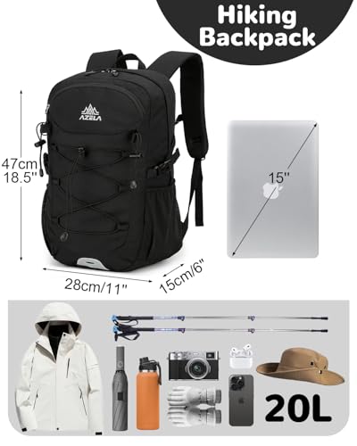 20L Small Waterproof Hiking Backpack with Chest Strap for Men, Lightweight Outdoor Daypack, Black