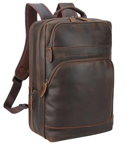 Masa Kawa Brown Leather Laptop Backpack for Men Fits 16” 15.6” Computer, Vintage Business Travel Work Large Daypack Weekender Bag Camping Rucksack - color: Dark Brown
