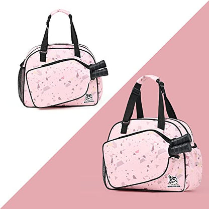 Boulder Bee Pickleball Bags, Premium Pickleball Tote Bag for Girls, Women’s Hand/Shoulder Gym Bag w Water Bottle Holder, with Pickleball Racquet/Paddle Holder - color: Pink Triangles