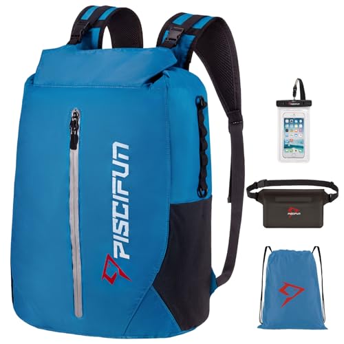 Piscifun Dry Bag Waterproof, Lightweight Dry Backpack Roll-Top Sealed with Waist Pouch and Phone Case Keeps Gear Dry Inside for Kayaking, Boating - color: Light Blue, size: 30L