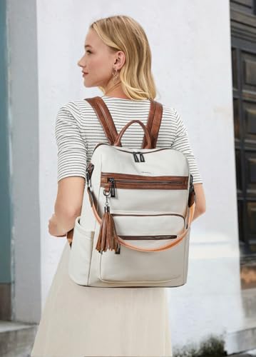 Shrrie 15.6 inch Laptop Backpack for Women,Large Leather Backpack Purse,Travel,Carry on,Water Resistant Casual Laptop Backpacks,College Backpack,Work Backpack for Women,Beige with Brown - color: Beige With Brown