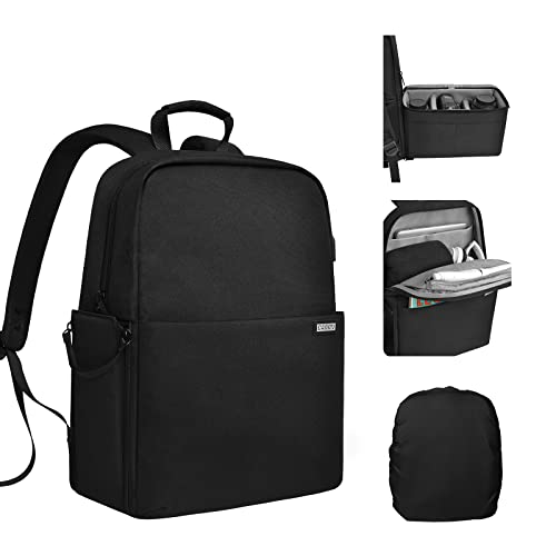 CADeN Camera Backpack Bag with 15.6" Laptop Compartment USB Charging Port, Waterproof Camera Case for DSLR Mirrorless SLR Cameras, Compatible for Sony Canon Nikon Camera and Lens Tripod Accessories - color: 2.0 Black, size: Large