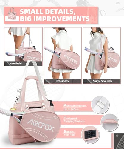 ARCFOX Tennis Tote Bag for Women, 2-in-1 Pink Tennis Bags 3 Rackets, Large Tennis Racket Bag with Shoe Compartment, Water Bottle Holder, Sports Handbag for Pickleball Padel, Badminton, Squash Racquet - style: Tennis Tote Bag