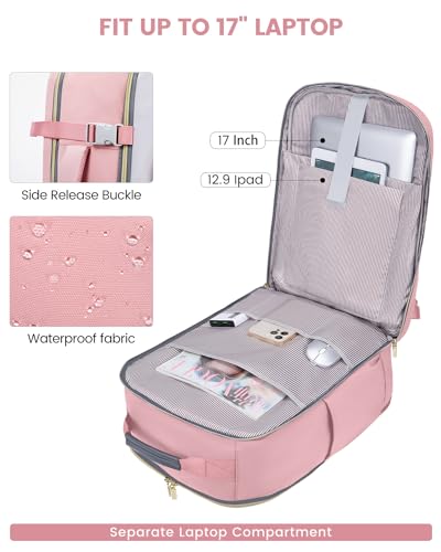 LOVEVOOK 40L Travel Backpack for Women & Men, Airline Approved Carry On Luggage with 3 Packing Cubes, TSA Overnight Bags, Waterproof Personal Item Bag, Weekender Essentials Backpacks fits 17" Laptop - color: Pink-light Grey-grey, size: Large