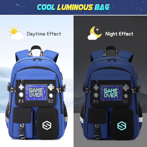 Scothen Boys Backpack, Cool Luminous School Backpacks for Boys with Lunch Bag Pencil Case, Kids Backpack Kindergarten Elementary Middle School Book Bags for Teen Boy Children with USB Charging Port - color: Black-blue