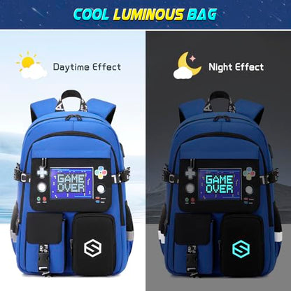 Scothen Boys Backpack, Cool Luminous School Backpacks for Boys with Lunch Bag Pencil Case, Kids Backpack Kindergarten Elementary Middle School Book Bags for Teen Boy Children with USB Charging Port - color: Black-blue