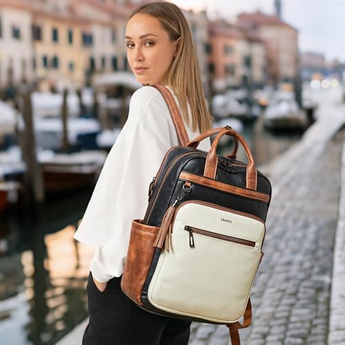 Shrrie Laptop Backpack for Women 15.6 inch Travel Leather Backpack Purse Work Computer Backpacks for Business College Black With Brown and White - color: Black With Brown and White