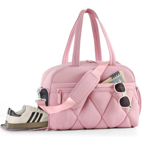 Gym Bag for Women, Puffer Travel Duffle Bag With Shoes Compartment & Wet Pocket, Carry On Tote Bag For Weekender, Overnight, Sport (Light Pink, Medium) - color: Light pink, size: Medium