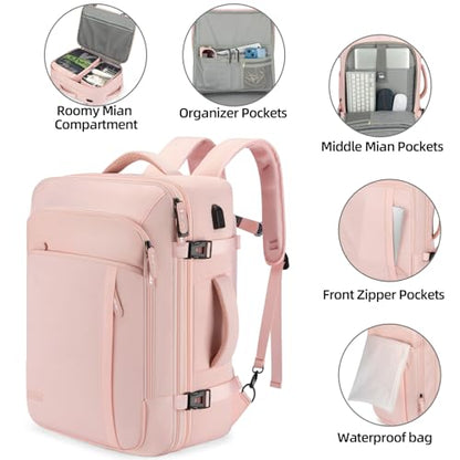 BAGPARKK Travel Laptop Backpack,42L Carry on Luggage, Flight Approved Expandable Backpack,Business Anti Theft Weekender Bags for Women Men, Water Resistant Expandable Backpacks With 4 Packing Cubes - color: Pink(backpack With 4 Packing Cubes)
