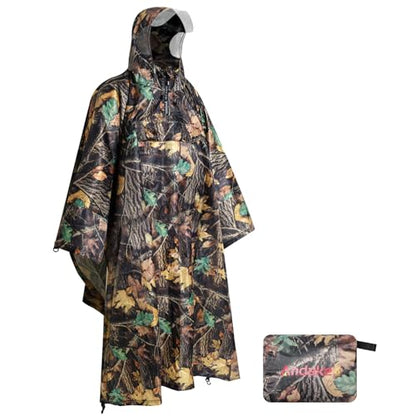 Andake Waterproof Rain Poncho for Adults Unisex,230T Ripstop Polyester,Raincoat Gear with Transparent Viewing Window Outdoors - color: Camo