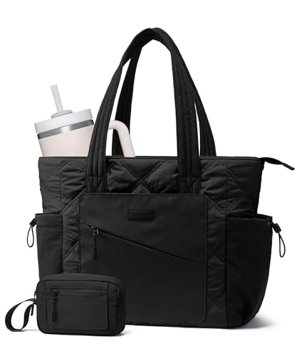 LOVEVOOK Tote Bag for Women, puffer tote bag for Work Travel Nurse, Lightweight quilted Bags with Compartments - color: M-15.6 Inch-black